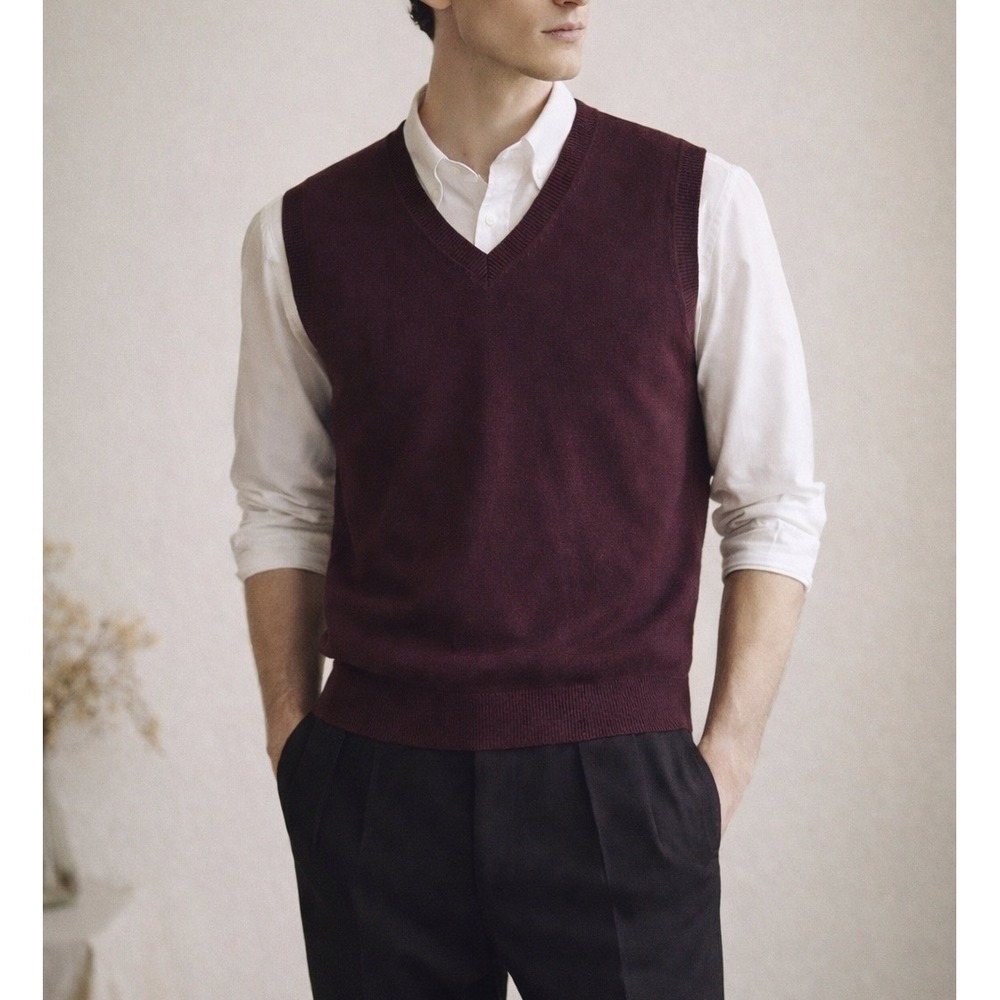 Kallspin Burgundy Wine Cashmere Wool‎ Blend LARGE Sweater Vest Quiet Luxury Prep